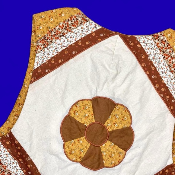 Vintage 70’s Handmade Brown Cream Patchwork Floral Cottage Reversible Vest - Picture 3 of 8